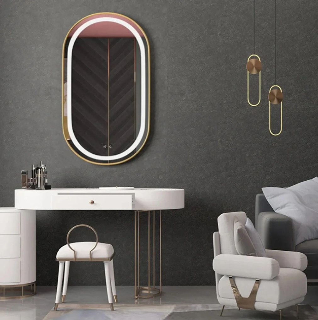 Rea Rea, oválne LED zrkadlo 60x90 cm, zlatá matná, HOM-02509