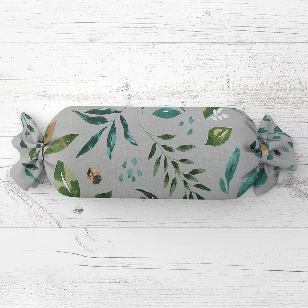 Biante Vankúš valec bonbon Sandra SA-430 Modro-zelené listy na sivom 15x40 cm