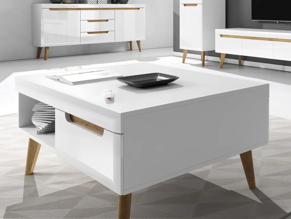 Konferenčný stolík so zásuvkami Nordi, dub riviera/biela lesk