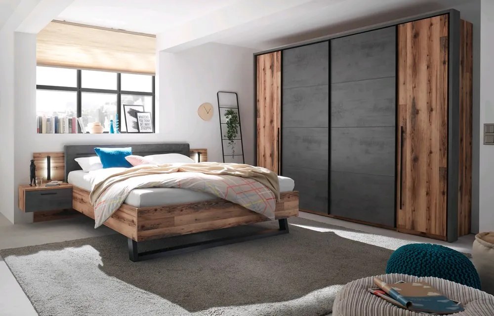 Posteľ s nočnými stolíkmi Sarnia 180x200 cm, zrubová doska/tmavý betón