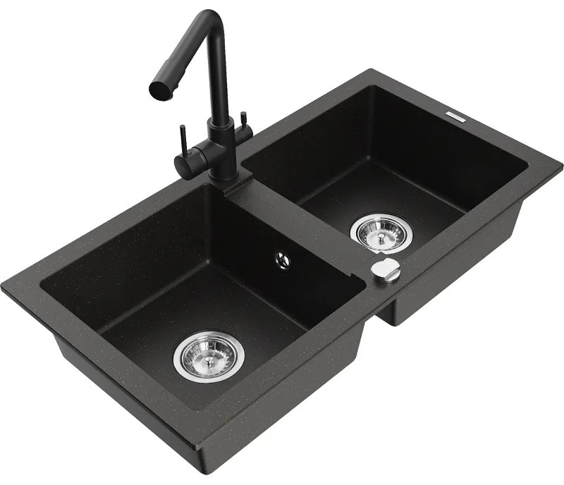 Mexen Mario, 2-komorový granitový drez 820x436x161 mm a čierna drezová batéria Duero, čierna-zlatá metalíza, 6504-75-671600-70