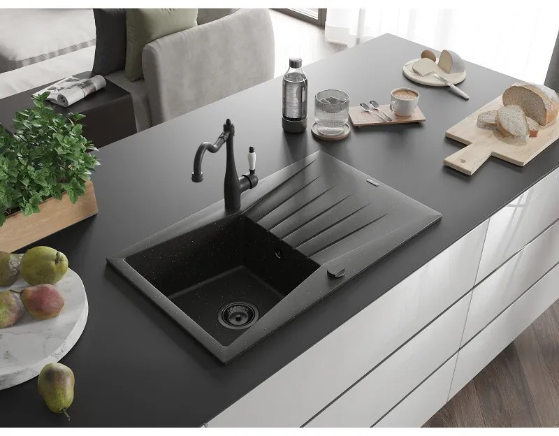 Mexen Cesar, 1-komorový granitový drez 775x470x190 mm a drezová batéria Carla, čierna-zlatá metalíza, 6514-75-670700-70-B