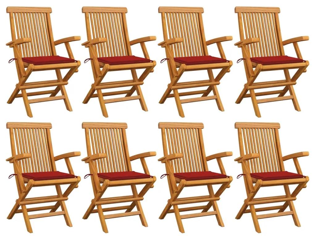 Záhradné stoličky s červenými podložkami 8 ks tíkový masív 3072895