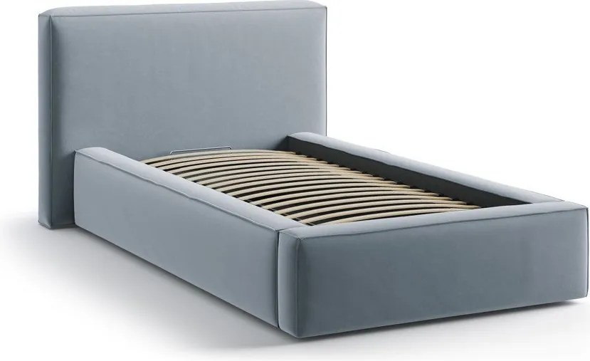 Svetlomodrá čalúnená jednolôžková posteľ s úložným priestorom s roštom 90x200 cm Jodie – Micadoni