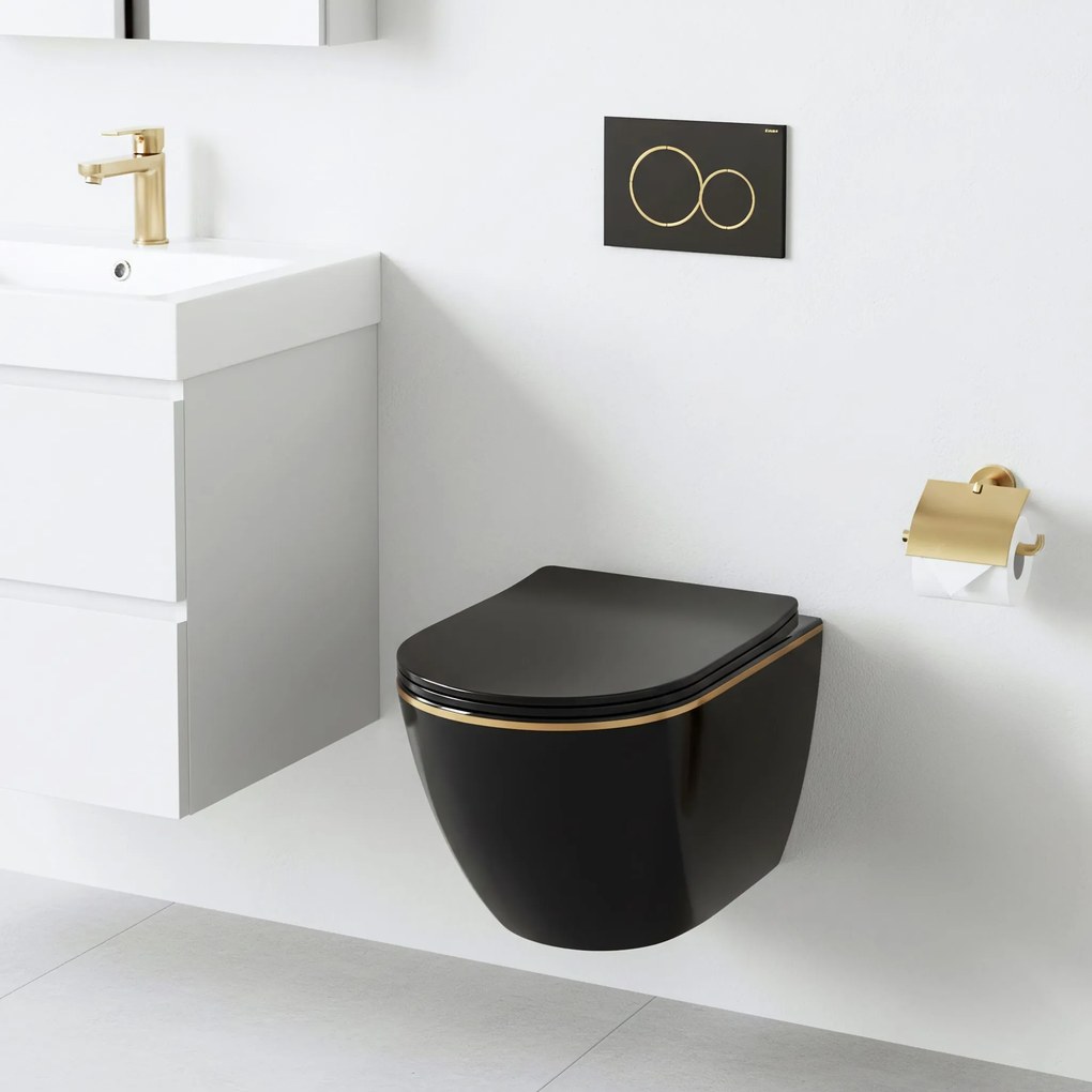 Rea Carlo Mini, závesné WC + toaletné sedadlo, čierna lesklá-zlatý okraj, REA-C4695