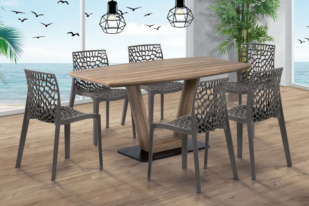 jedálenský stôl, 160x85x76, MDF 3D dekor tmavý dub, čierny kov