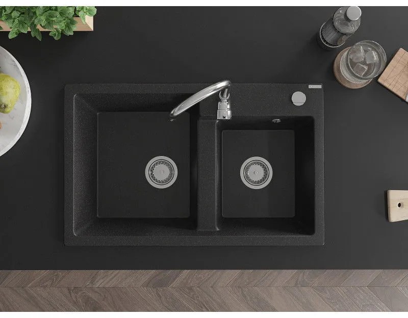 Mexen Tomas, granitový drez 800x500x190 mm, 2-komorový, čierna - strieborná metalíza, 6516802000-73