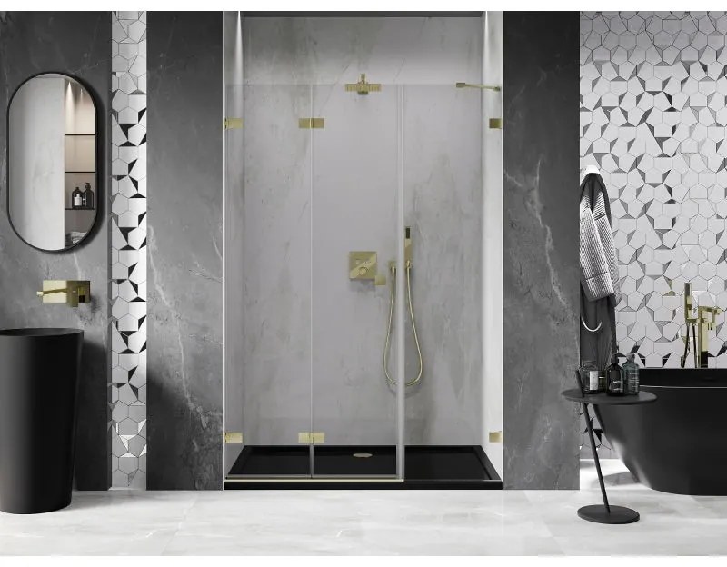 Mexen Lunar-F, skladacie ľavé sprchové dvere 150 cm, 8mm číre sklo, zlatý matný profil, 836S-150-050-55-00-L