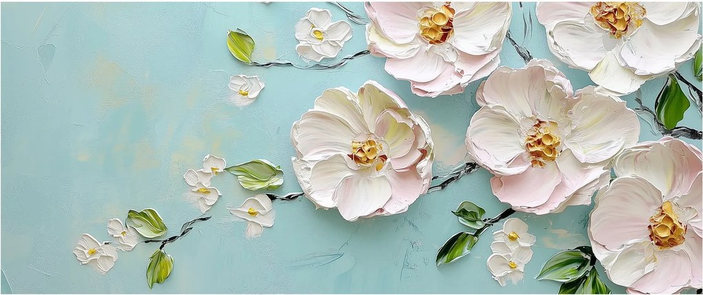Obraz - Kvietky na modrom pozadí (120x50 cm)