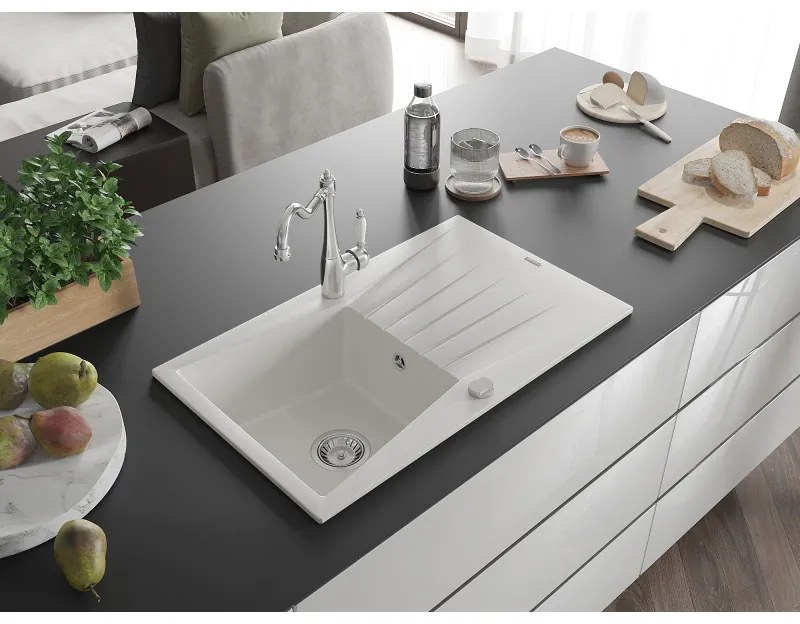 Mexen Cesar, 1-komorový granitový drez 775x470x190 mm a drezová batéria Carla, biela, 6514-20-670700-00