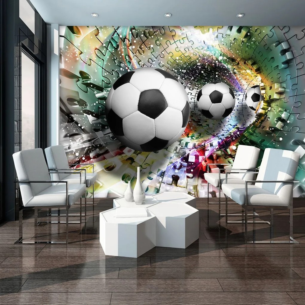 Fototapeta - Futbalové lopty v 3D puzzle tuneli (152,5x104 cm)