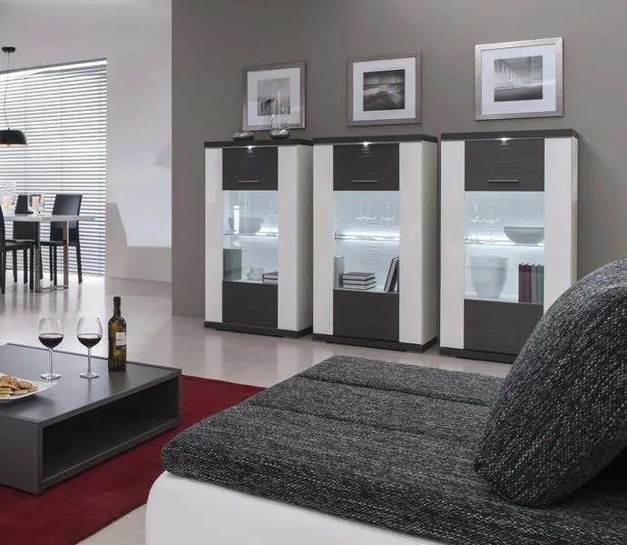 Vitrína Caracas typ 28, grafit/biely lesk, s osvetlením