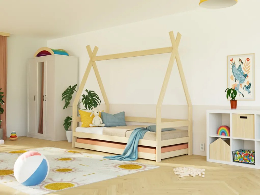 Detská drevená posteľ SAFE 5v1 v tvare teepee so zábranou a prístelkou