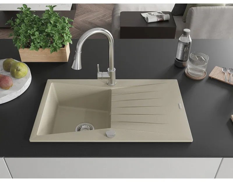 Mexen Cesar, 1-komorový granitový drez 775x470x190 mm a drezová batéria Elia, béžová, 6514-69-670101-00