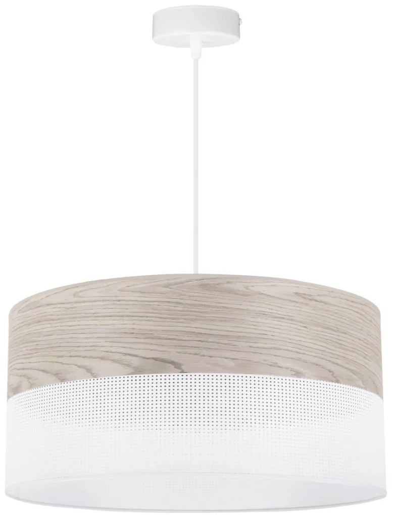 Závesné svietidlo Wood, 1x svetlobéžová dubová dýha/biele PVC tienidlo, (fi 44cm)