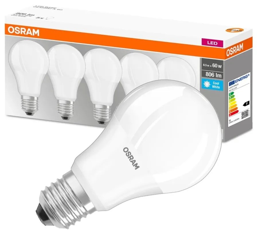 5PAK LED žiarovka E27 A60 8,5W = 60W 806lm 4000K Neutral 300° OSRAM Base