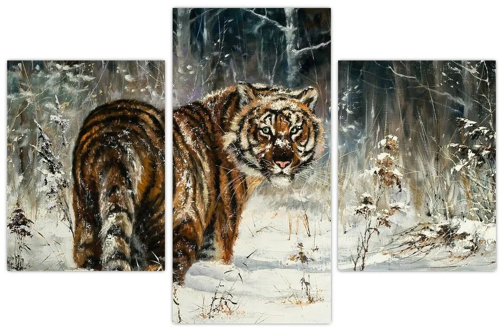 Obraz - Tiger v zasneženom lese, olejomaľba (90x60 cm)