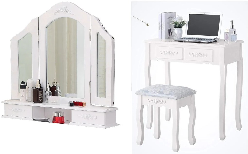 ShopJK TOALETNÝ STOLÍK, DARČEK SADA ŠTETCOV A HUBKA NA MAKE UP, TL04 BIELA