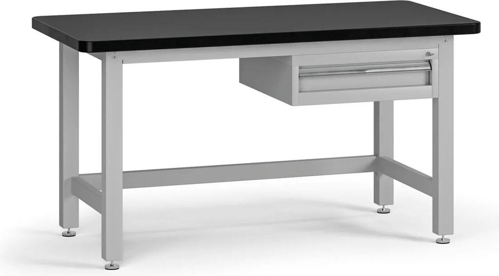 Pracovný stôl do dielne G4 so závesným boxom na náradie, 1 zásuvka, MDF + PVC doska, 1500 x 750 x 800 mm, sivá