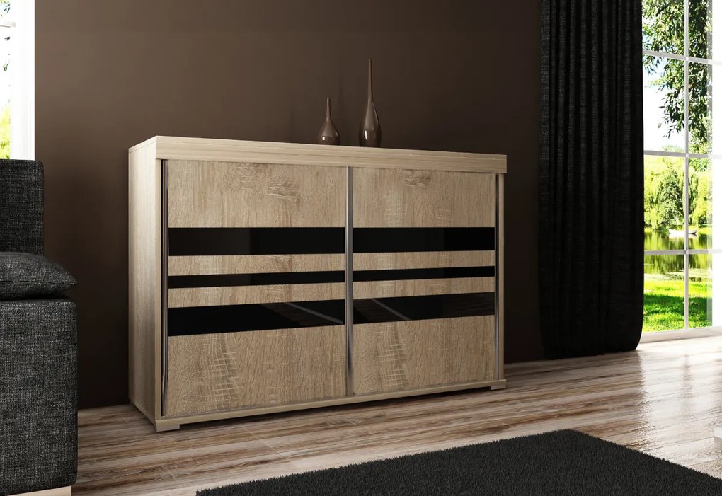 Komoda MADRID 6, 140x94x45, dub sonoma/čierne sklo