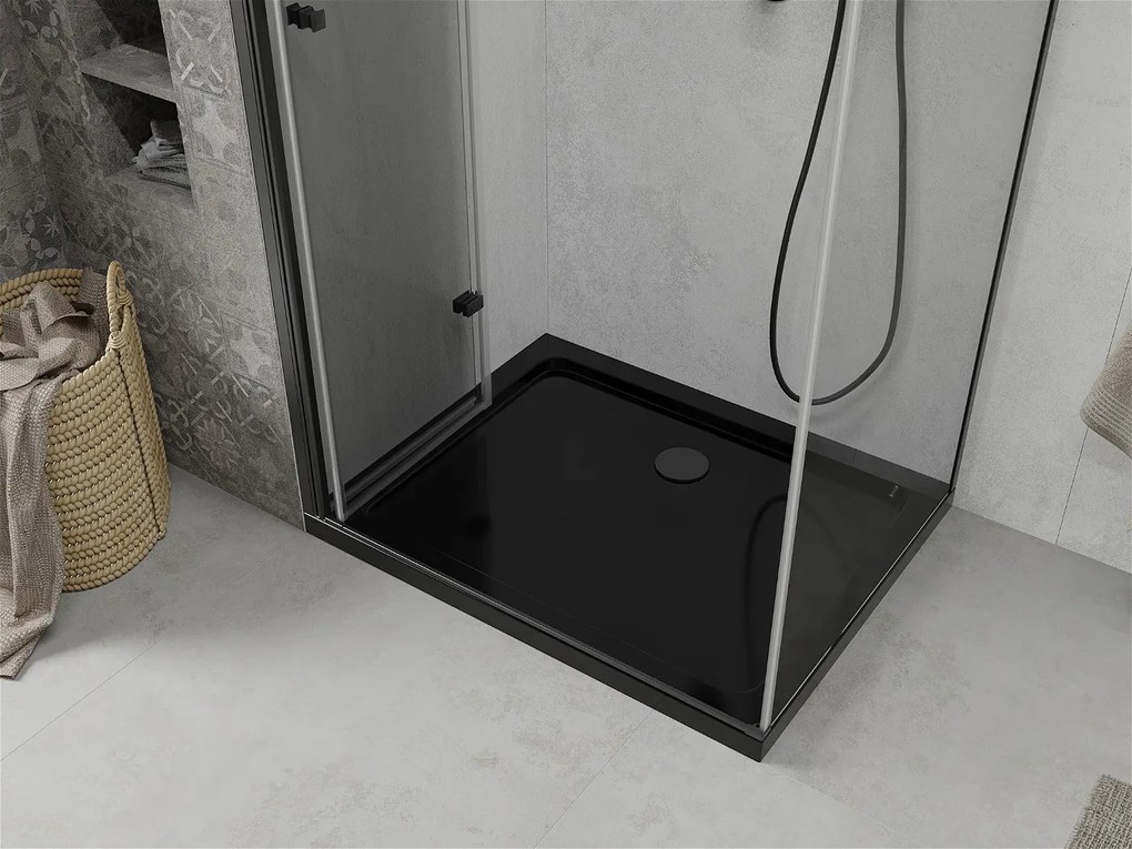 Mexen Lima, sprchovací kút so skladacími dverami 80 (dvere) x 100 (stena) cm, 6mm číre sklo, čierny profil + slim sprchová vanička čierna s čiernym sifónom, 856-080-100-70-00-4070B
