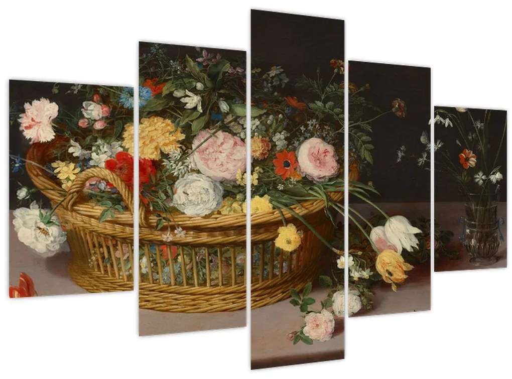 Obraz - Jan Brueghel the Elder, Flowers in a Basket and a Vase, reprodukcia (150x105 cm)