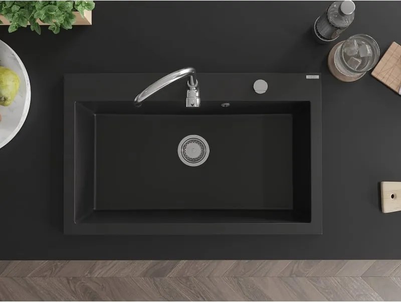 Mexen Elix žulový drez 1-komorový 800 x 500 mm, čierny, sifón chróm - 6527801005-77