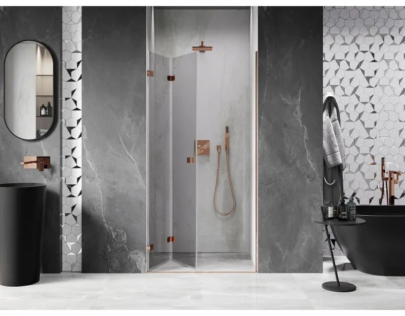 Mexen Lunar-F, ľavé skladacie sprchové dvere 100 cm, 8mm číre sklo, ružové zlato profil, 836-100-000-60-00-L