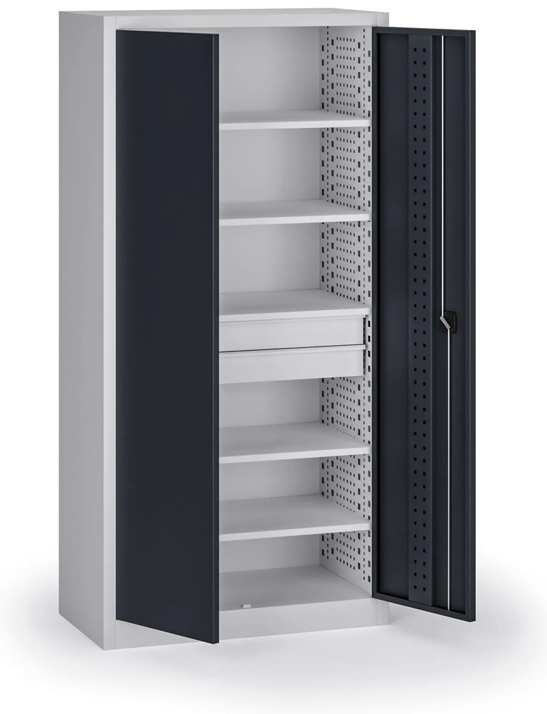 Policová dielenská skriňa 2-dverová, 5 políc + 2 zásuvky, 1950 × 950 × 500 mm, grafitové dvere