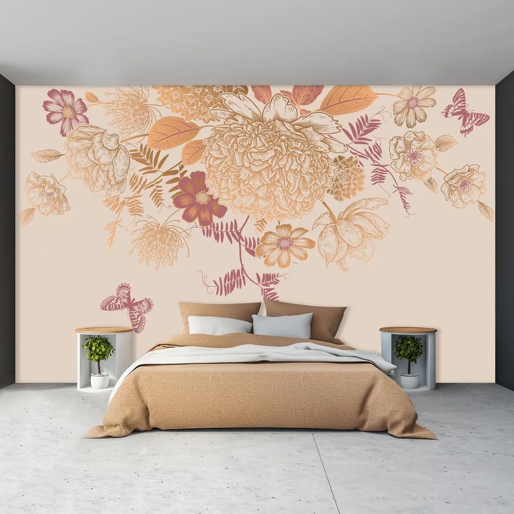 Fototapeta - Vintage kvety a motýle (147x102 cm)