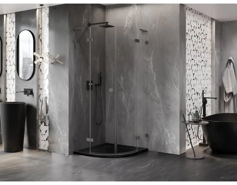 Mexen Lunar, L polkruhový výklopný sprchový kút 90 x 90 cm, 8mm číre sklo, grafitový profil, 833L-090L-090P-95-00