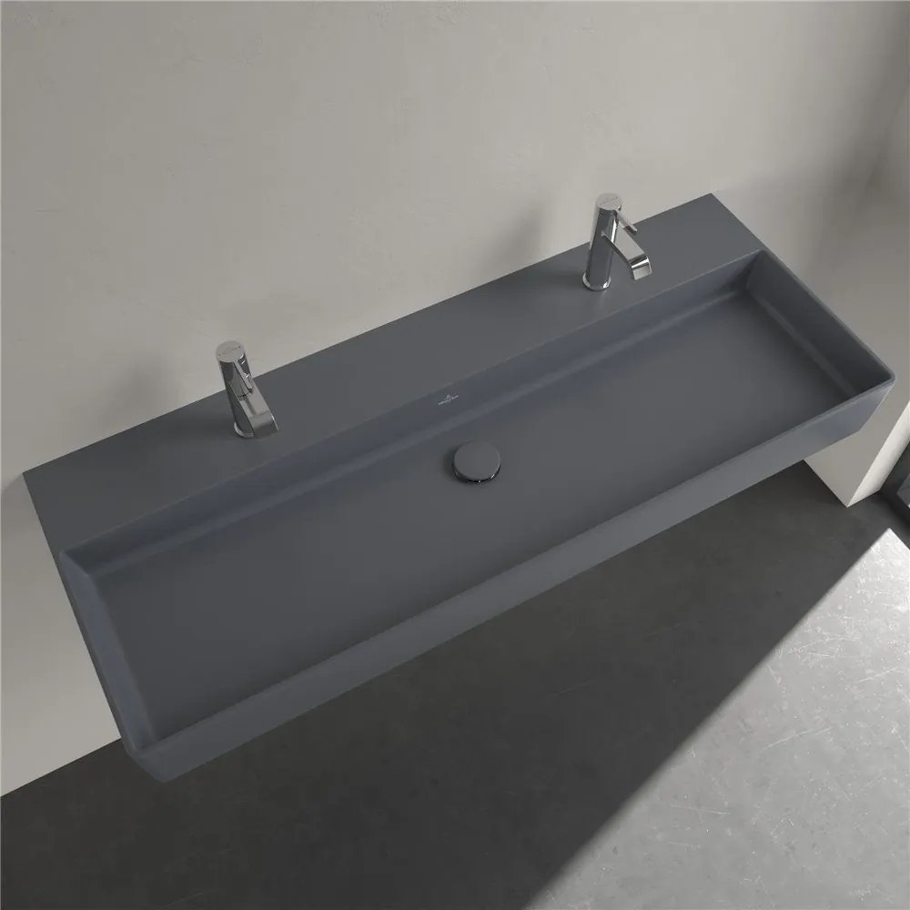 VILLEROY &amp; BOCH Memento 2.0 závesné umývadlo s dvomi otvormi (spodná strana brúsená), bez prepadu, 1200 x 470 mm, Graphite, s povrchom CeramicPlus, 4A22CGI4