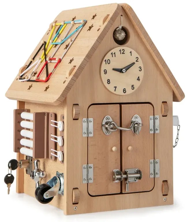 Detský drevený domček na hranie Senzorický domček na hranie so senzorickými hrami a úložným priestorom pre deti od 3 rokov.