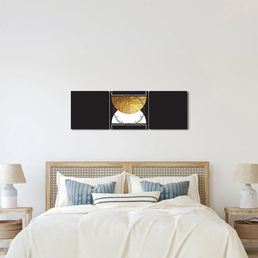 Obraz - Abstrakcia zlatá a čierna N⁰2 (s hodinami) (90x30 cm)