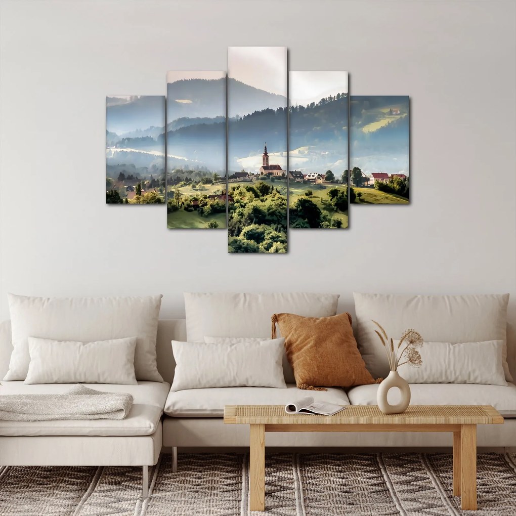 Obraz - dedinka v hmle (150x105 cm)
