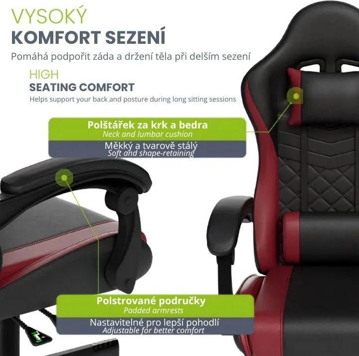 Ergonomická herná stolička, čierna/červená, vankúšiky,