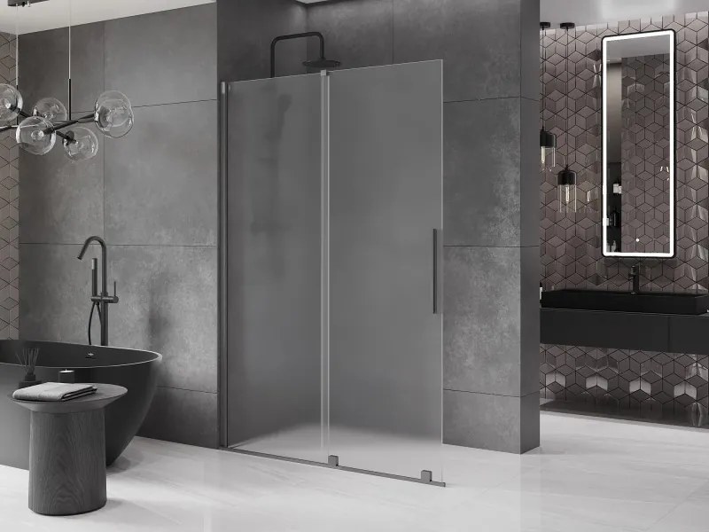 Mexen Velar, sprchová zástena s posuvnými dverami Walk-in 140 x 200 cm, 8mm sklo námraza, grafit brúsený, 871-140-000-33-66