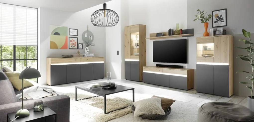 Vysoká vitrína Lille, dub artisan/antracit, s osvetlením