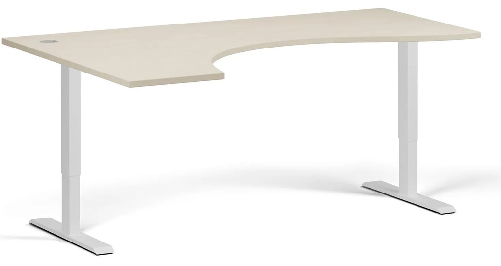 Ergonomický výškovo nastaviteľný stôl, 180x120 cm, 2 motory, L/P, biela podnož, breza