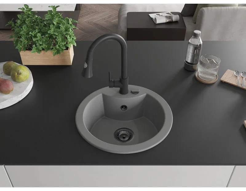 Mexen Diego, 1-komorový granitový drez 488x488x167 mm a drezová batéria Elia, šedá, 6512-71-670101-70-B