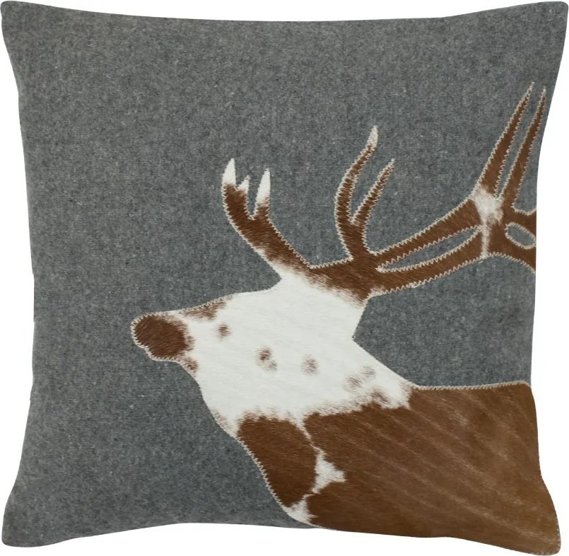Šedý vlnený vankúš s jeleňom z hovädzej kože - 45 * 45 * 10cm