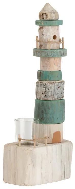 Drevený modro biely svietnik maják na jednu čajovú sviečku 14 * 9 * 38 cm