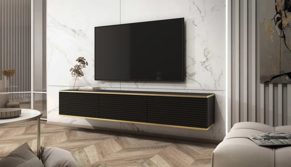 Závesná TV skrinka Orfeo, 175 cm, čierna štruktúra / zlatá