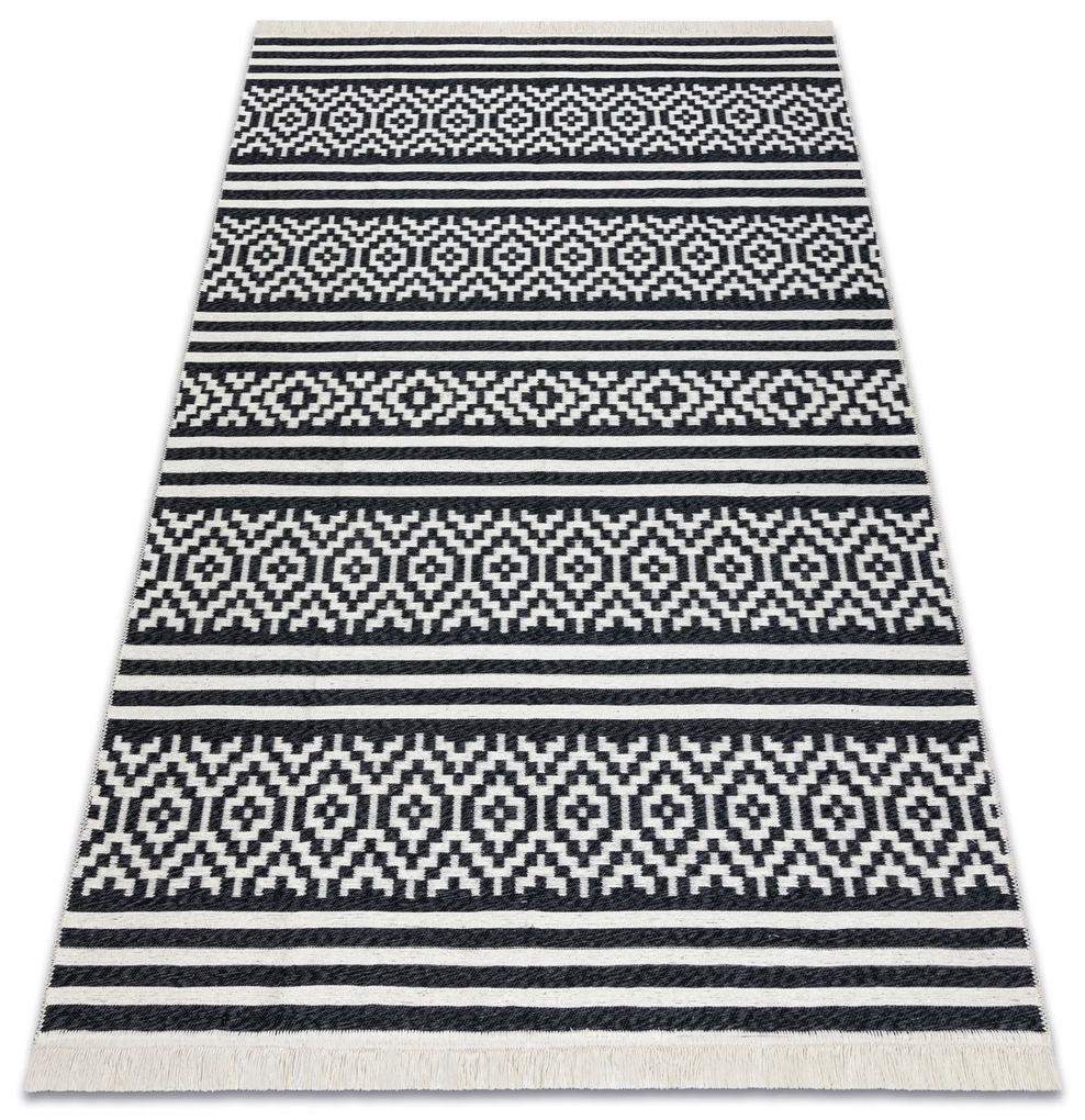 Obojstranný šnúrkový ekologický koberec TWIN 22996 Geometrický vzor, so strapcami, krémovo - čierny