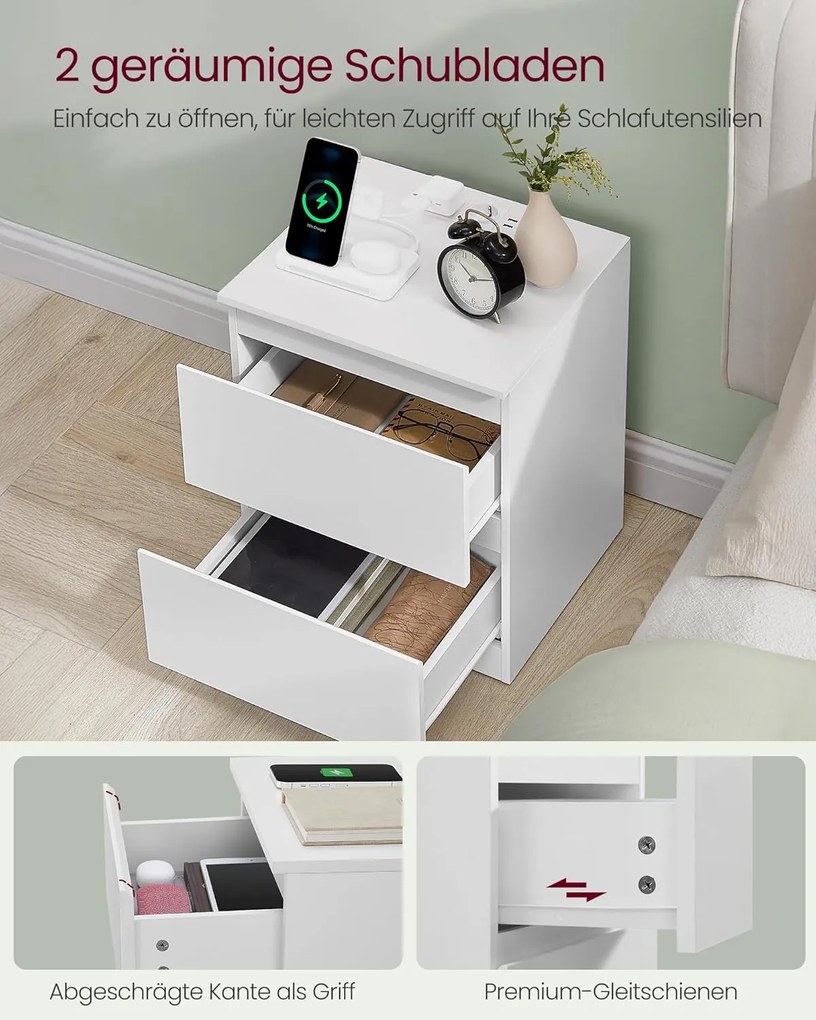 Nočná skrinka s integrovanou zásuvkou, 2 ks set, oblá biela