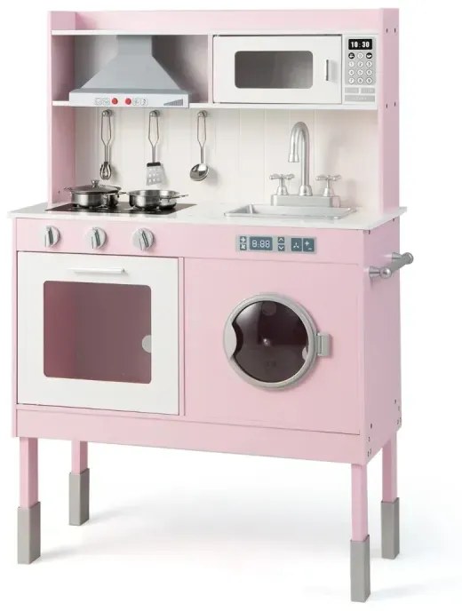 Drevená detská kuchynka s hracími doplnkami a zvukmi a svetlami ružová