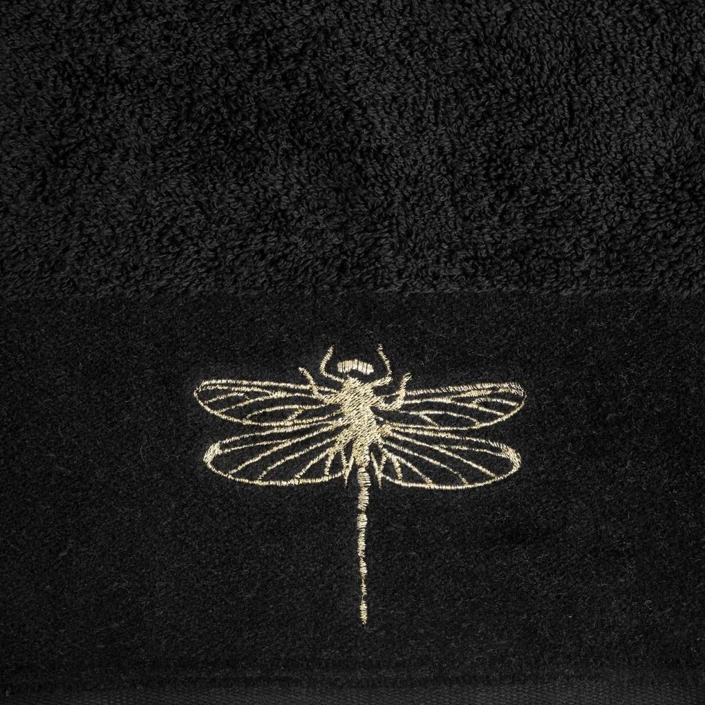 Osuška v čiernej farbe s výšivkou vážky prešívanou zlatou niťou