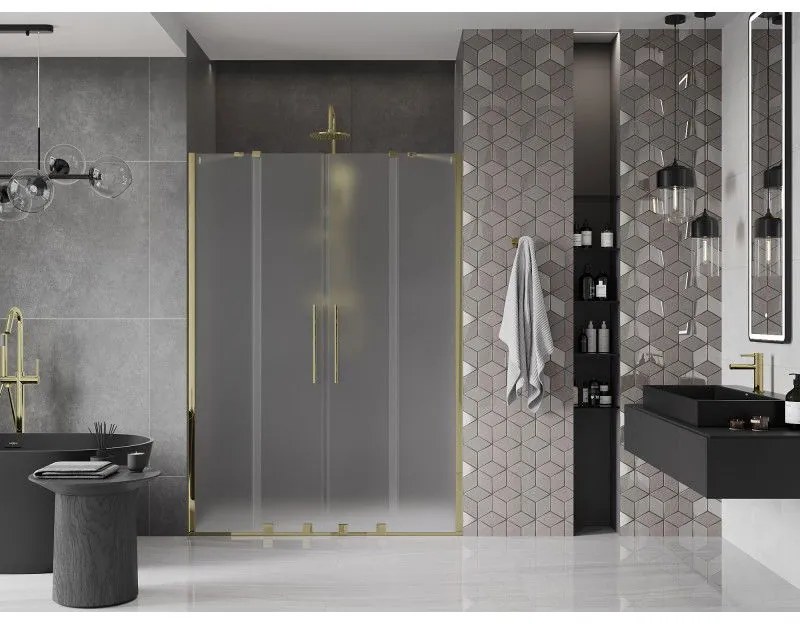 Mexen Velar Duo, posuvné sprchové dvere do otvoru 140 cm, 8mm sklo námraza, zlatá lesklá, 871-140-000-32-50