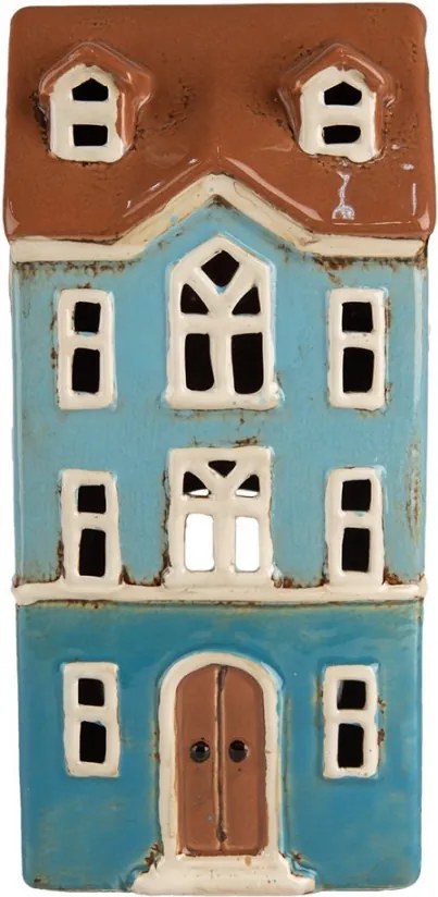 Modrý keramický svietnik na čajovú sviečku domček Amster Village - 11*9*22 cm