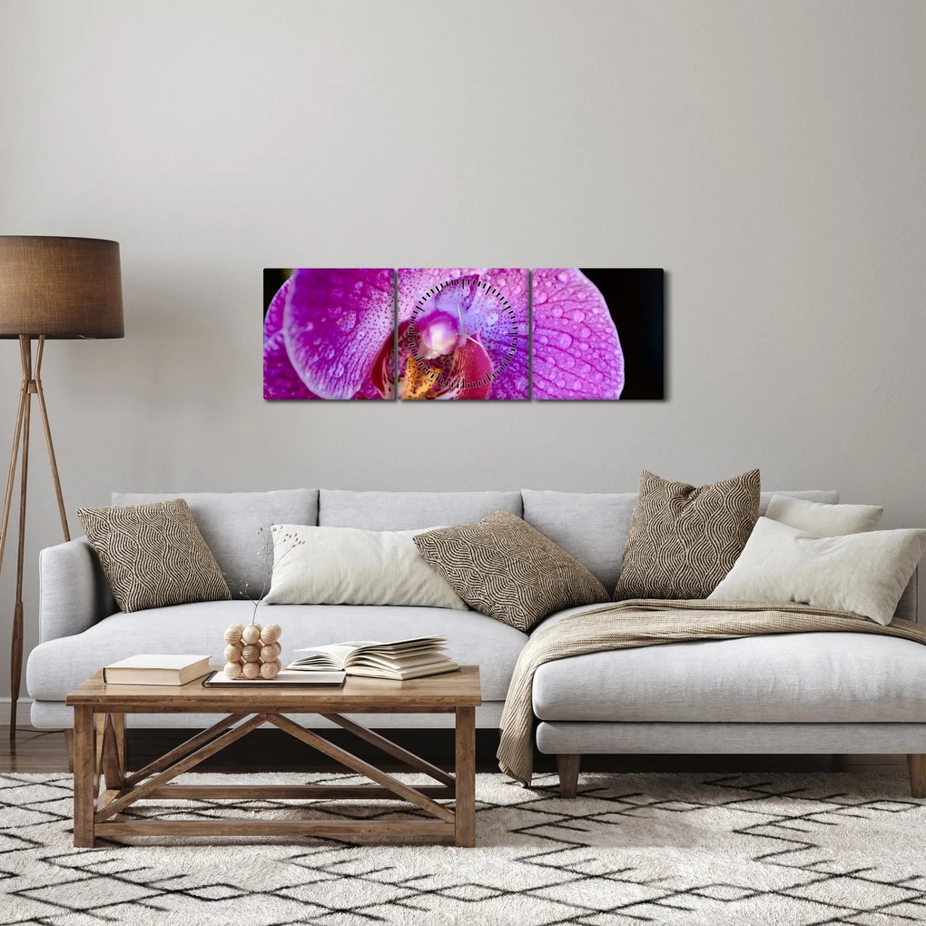 Detailný obraz kvetu orchidey (s hodinami) (90x30 cm)